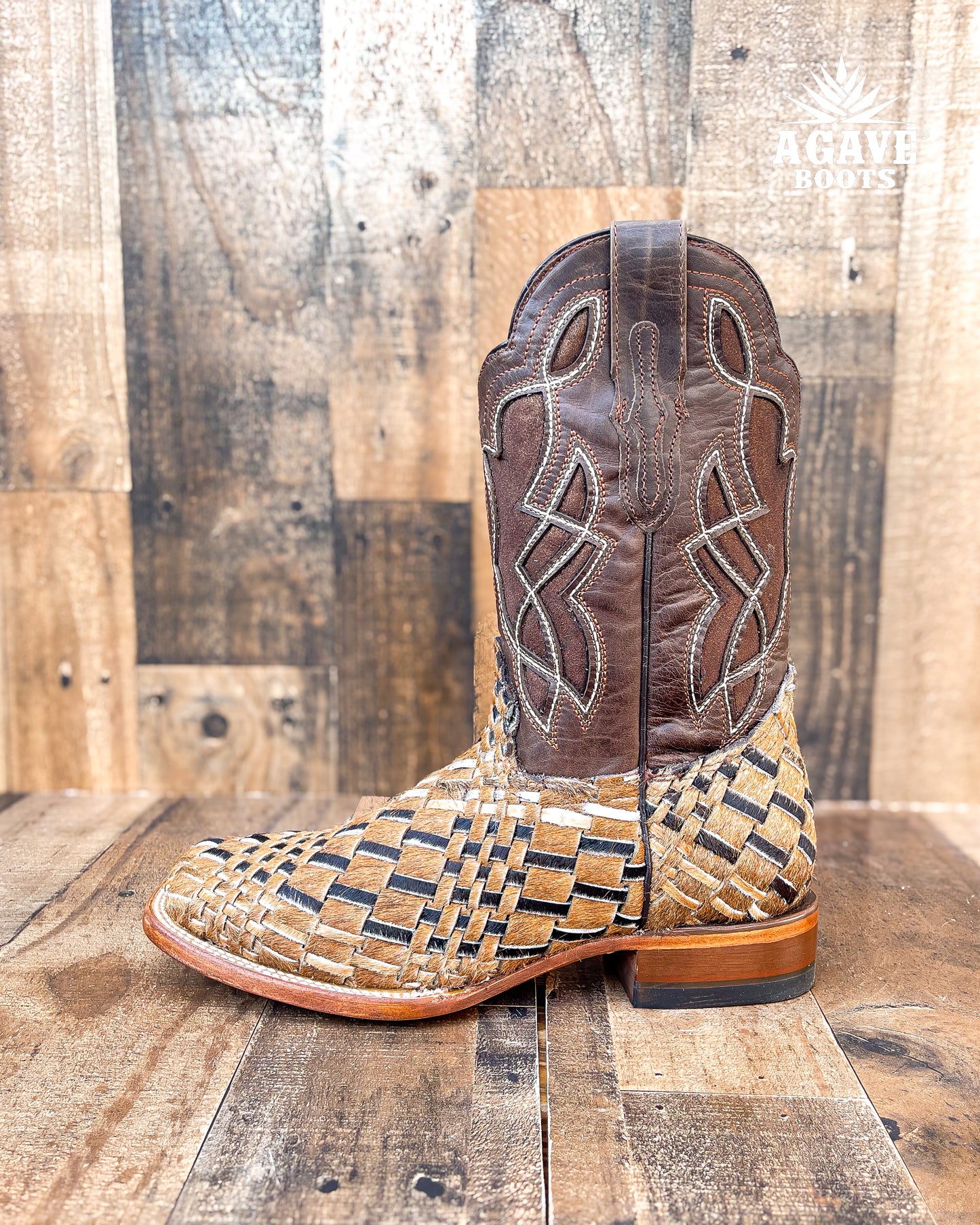 COWHIDE WEAVE / HAND WOVEN / BRAIDED COWHIDE | MEN SQUARE TOE COWBOY BOOTS