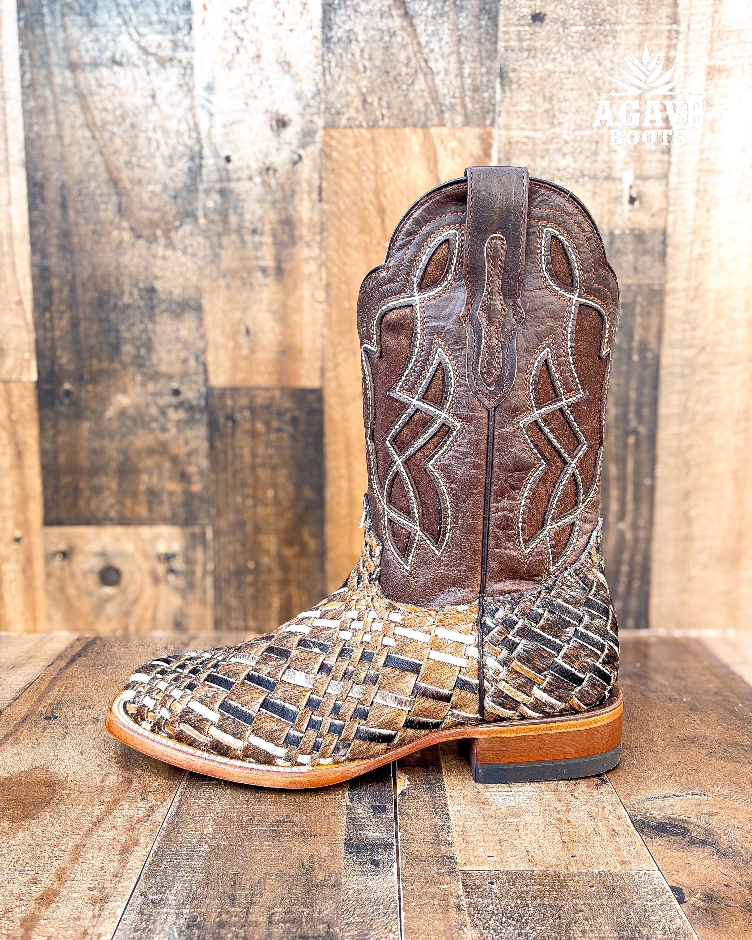 COWHIDE WEAVE HAND WOVEN BRAIDED COWHIDE MEN SQUARE TOE COWBOY BOOTS