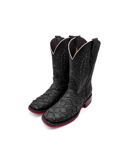 Cowboy Boot Black Pirarucu Red Sole Bottoms