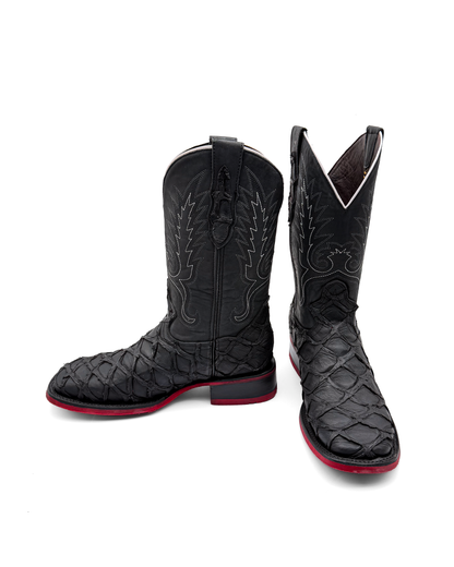 Cowboy Boot Black Pirarucu Red Sole Bottoms