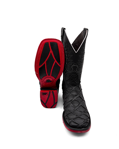 Cowboy Boot Black Pirarucu Red Sole Bottoms