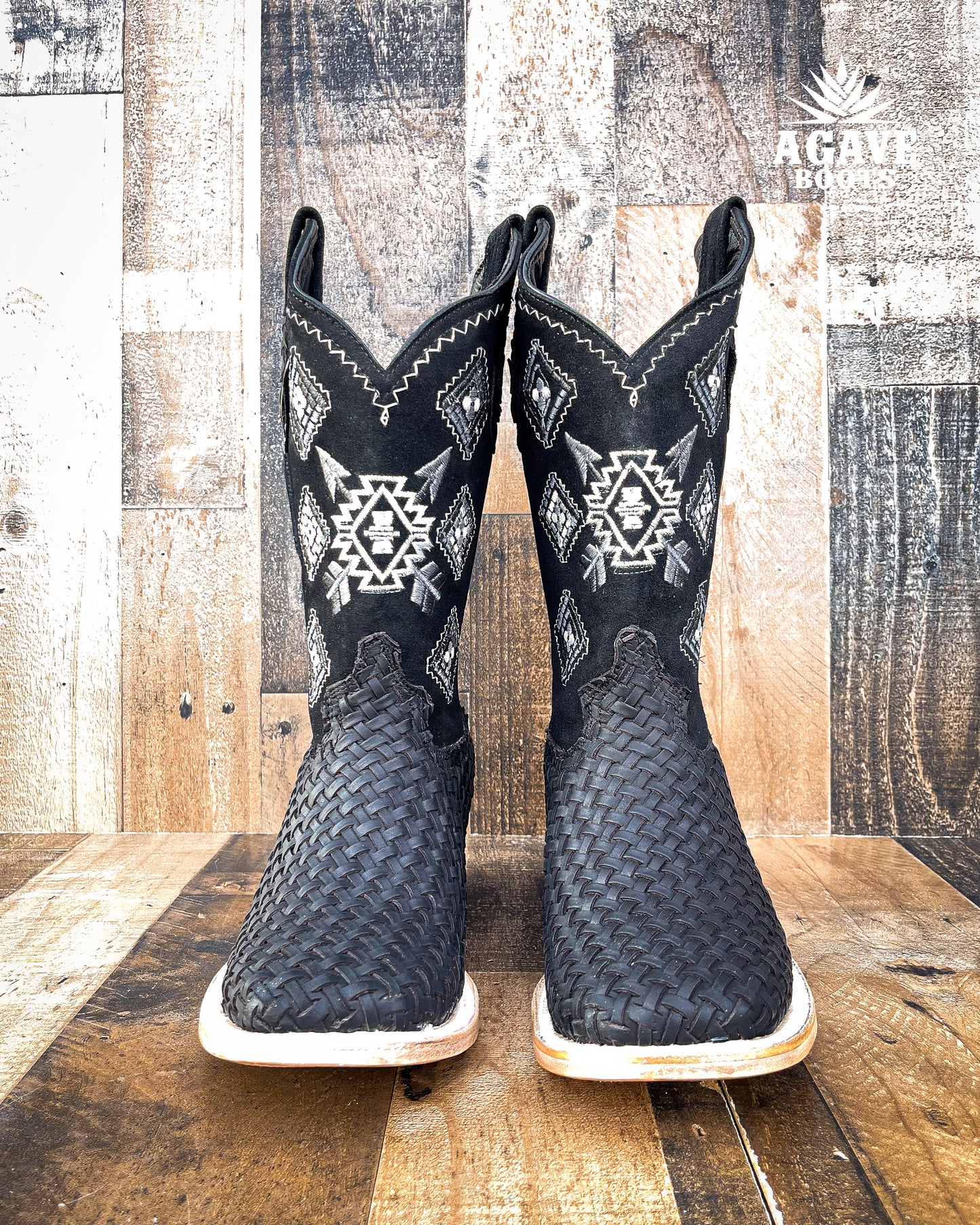 AZTEC BLACK BASKET WEAVE PETATILLO | MEN SQUARE TOE COWBOY BOOTS