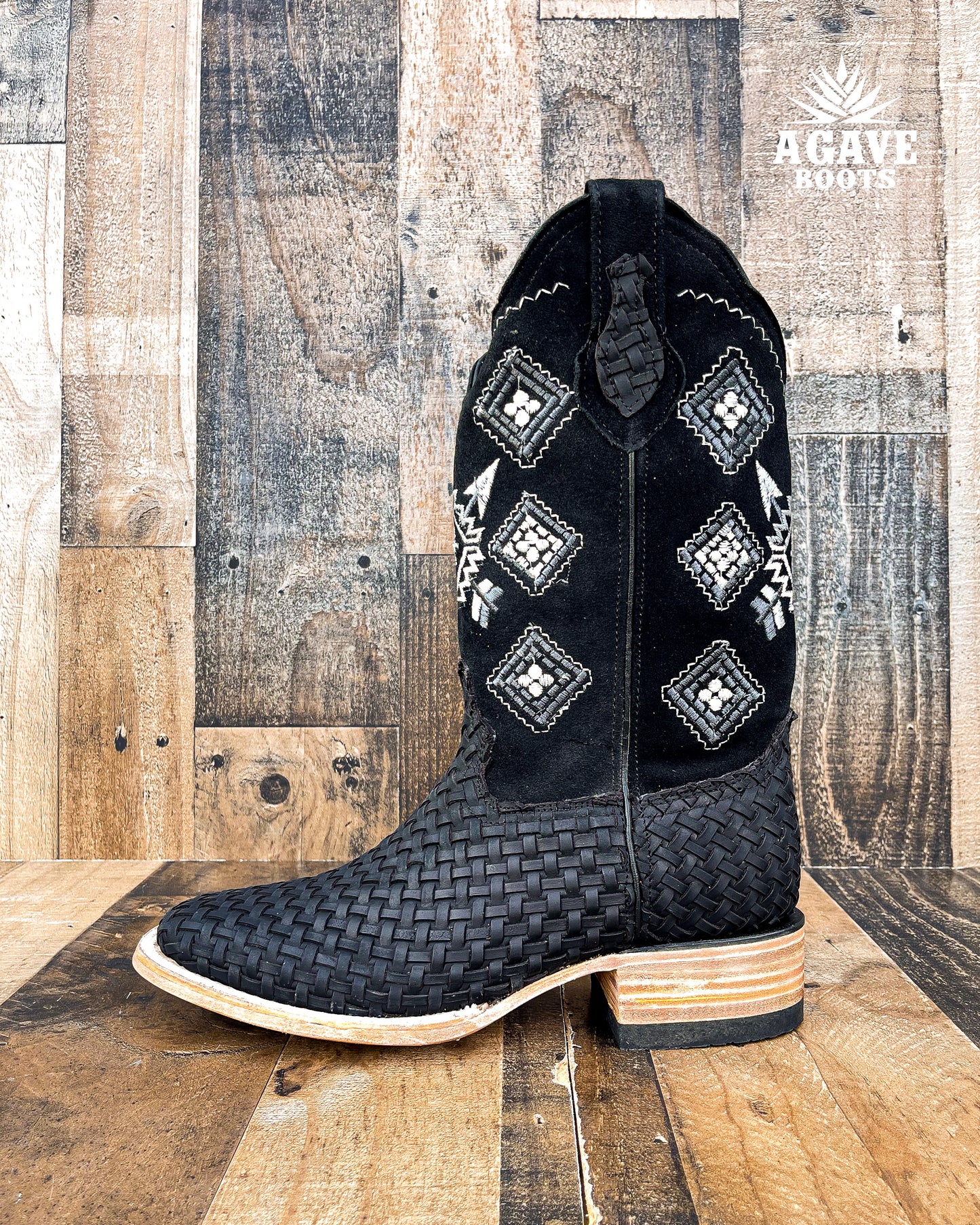 AZTEC BLACK BASKET WEAVE PETATILLO | MEN SQUARE TOE COWBOY BOOTS