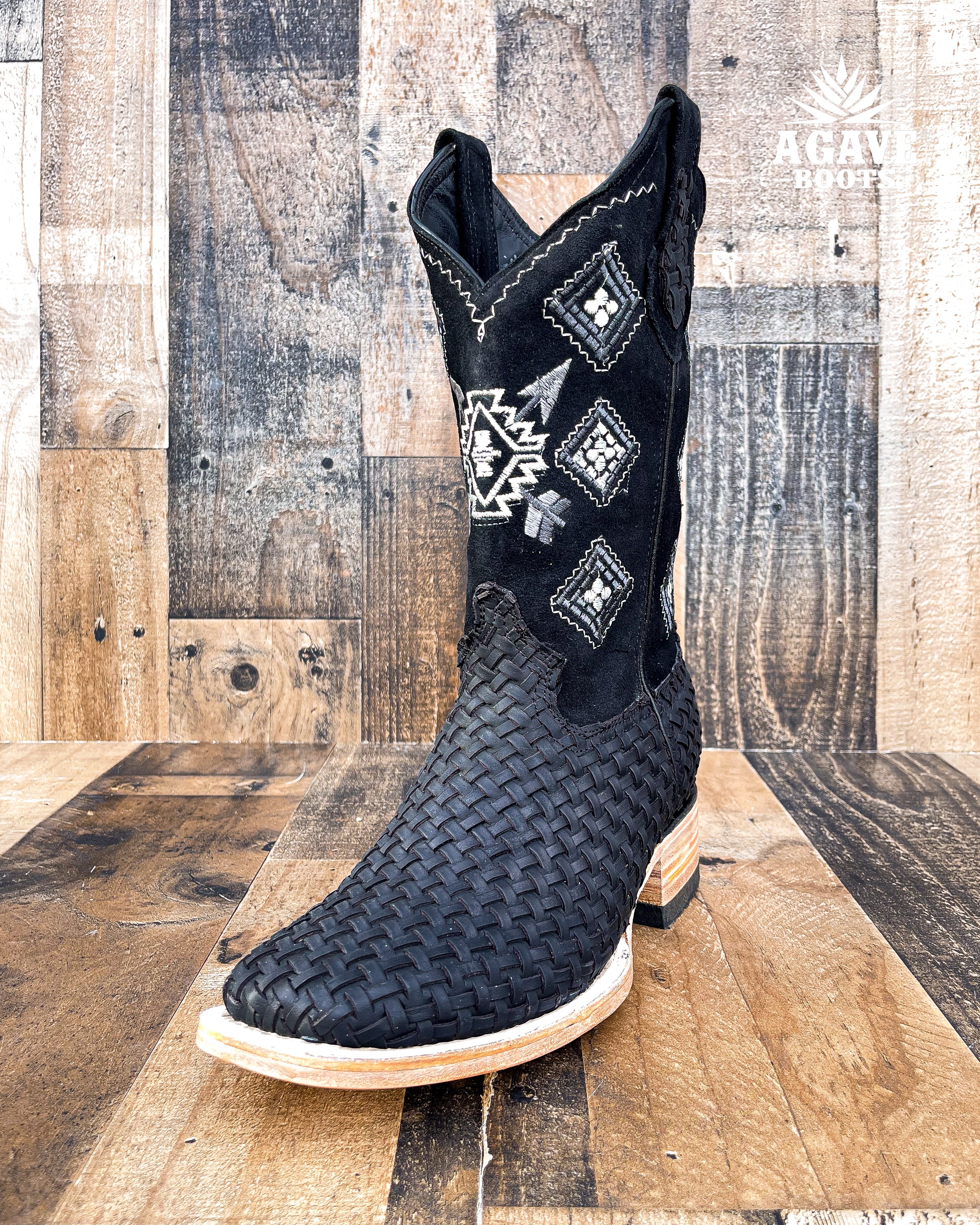 AZTEC BLACK BASKET WEAVE PETATILLO MEN SQUARE TOE COWBOY BOOTS