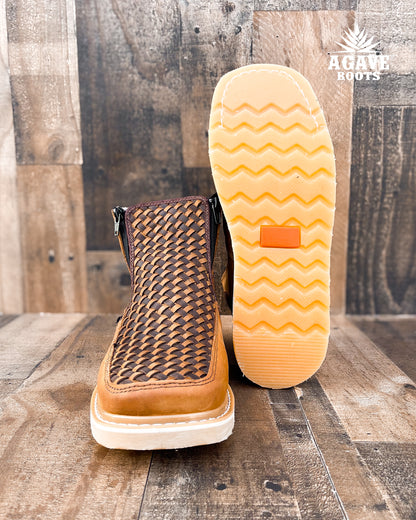 Zipper Shoe Woven Embroidered Light Brown Rubber Sole