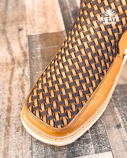 Zipper Shoe Woven Embroidered Light Brown Rubber Sole