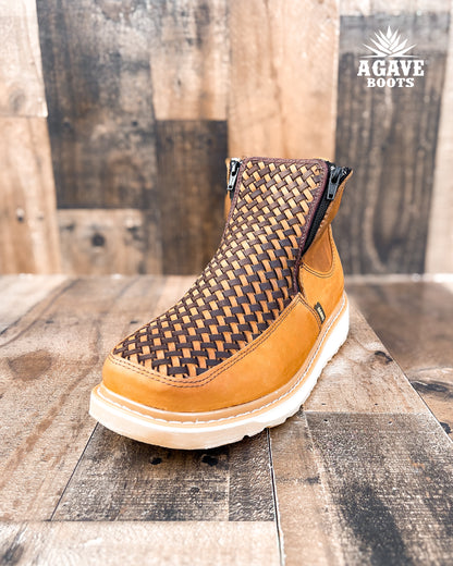 Zipper Shoe Woven Embroidered Light Brown Rubber Sole