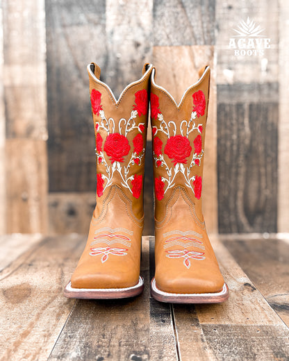 Cowboy Boot Rose Embroidered Brown