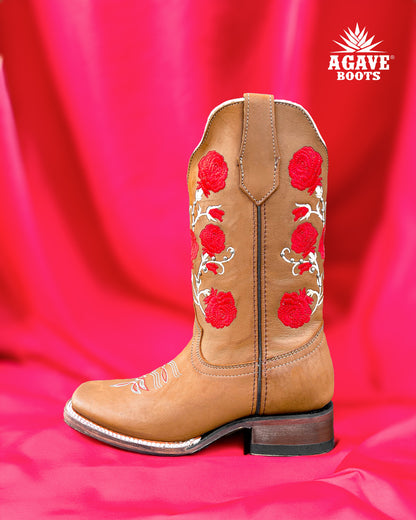 Cowboy Boot Rose Embroidered Brown