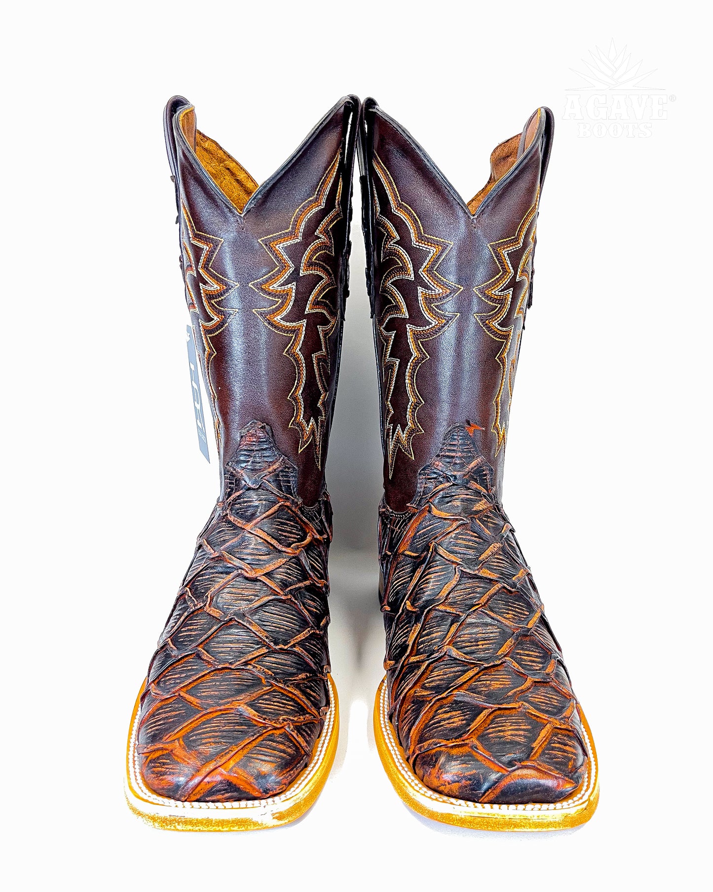 RUSTIC COGNAC BASS PIRARUCU | MEN SQUARE TOE COWBOY BOOTS