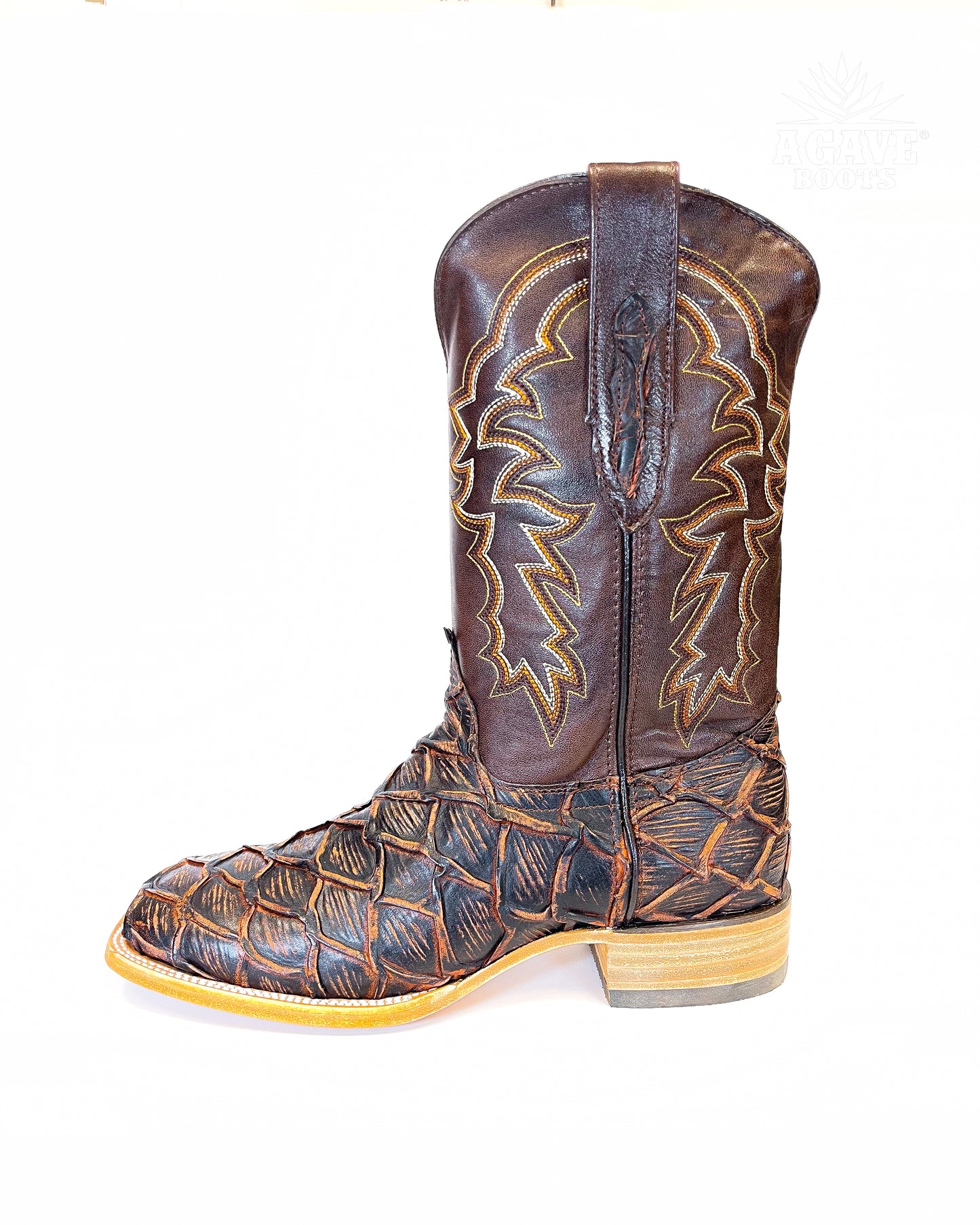 RUSTIC COGNAC BASS PIRARUCU | MEN SQUARE TOE COWBOY BOOTS