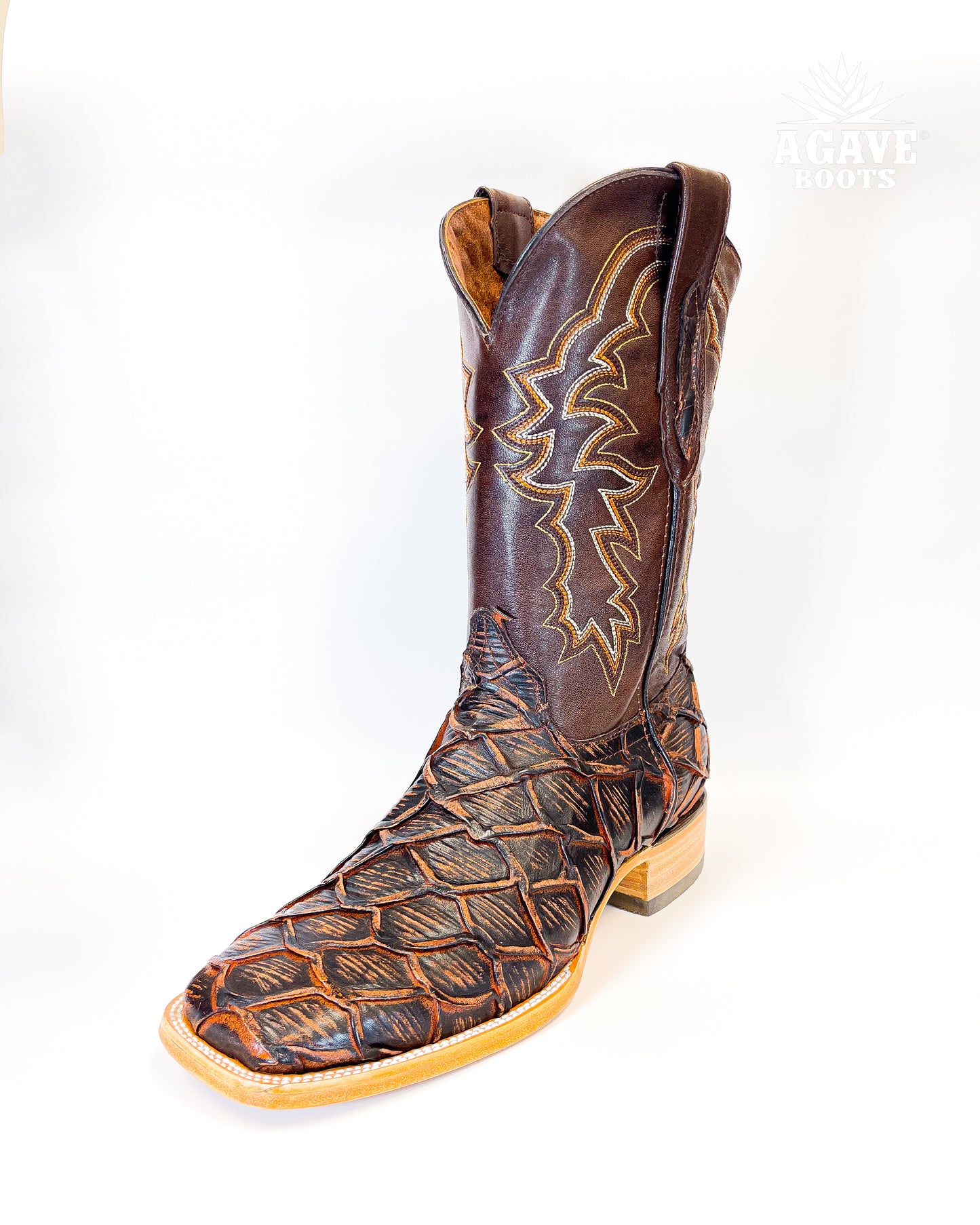 RUSTIC COGNAC BASS PIRARUCU | MEN SQUARE TOE COWBOY BOOTS