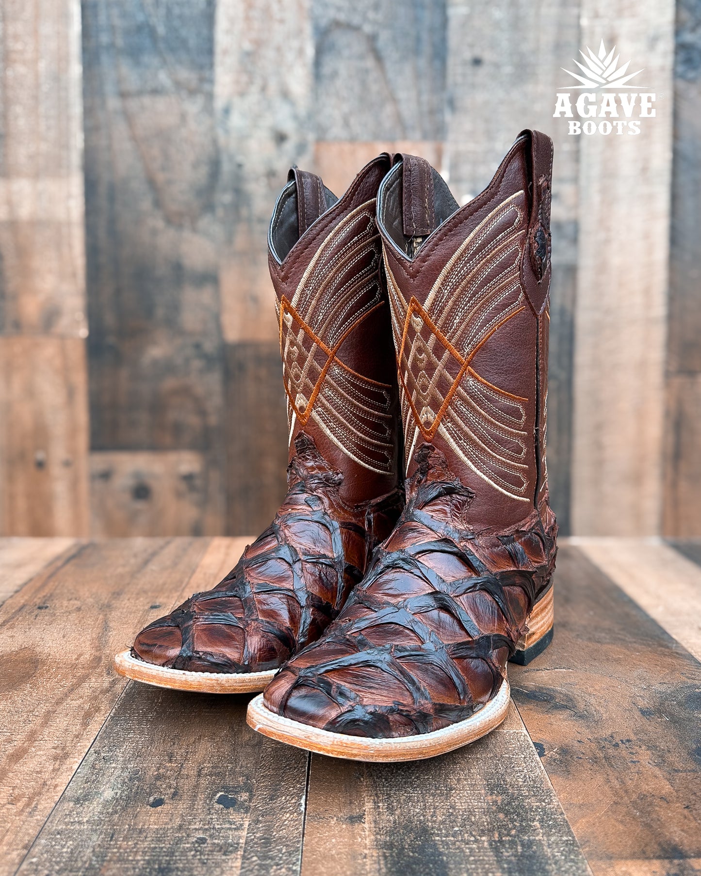 BROWN PIRARUCU FISH  BASS GENUINE EXOTIC | MEN SQUARE TOE COWBOY BOOTS