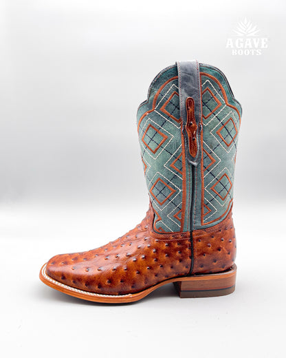 OSTRICH COGNAC | MEN SQUARE TOE WESTERN COWBOY BOOTS