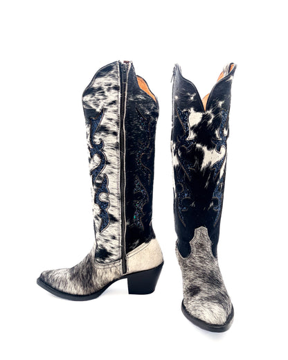 Cowhide Cowboy Boot with Glitter