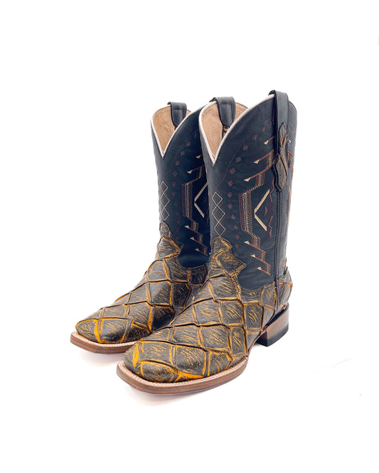 RUSTIC BROWN PIRARUCU | MEN SQUARE TOE WESTERN COWBOY BOOTS