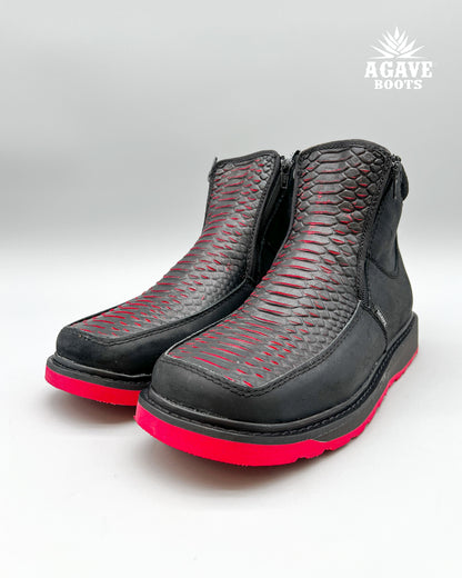 Zipper Shoe Black Red Python Rubber Sole