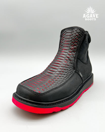 Zipper Shoe Black Red Python Rubber Sole