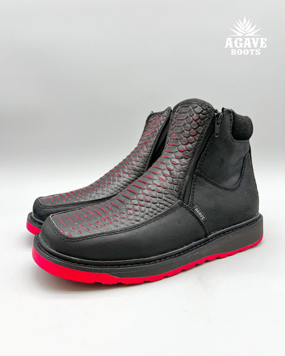 Zipper Shoe Black Red Python Rubber Sole