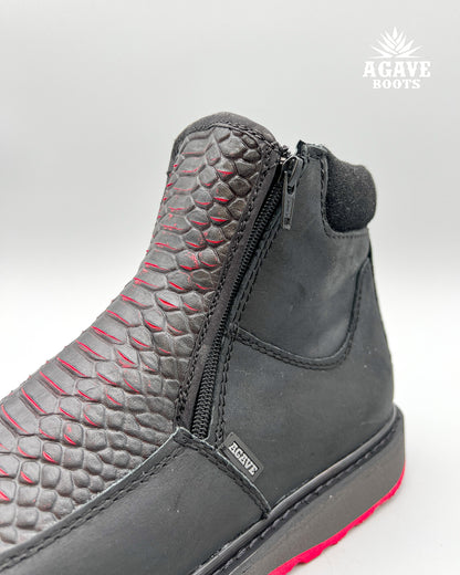Zipper Shoe Black Red Python Rubber Sole