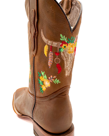 Cowboy Boot Skull Floral Embroidery