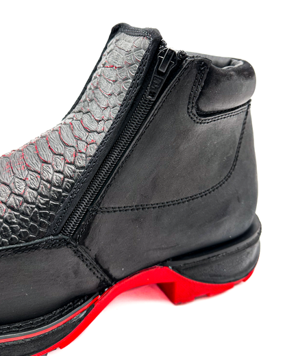 Zipper Shoe Black Red Python Rubber Sole