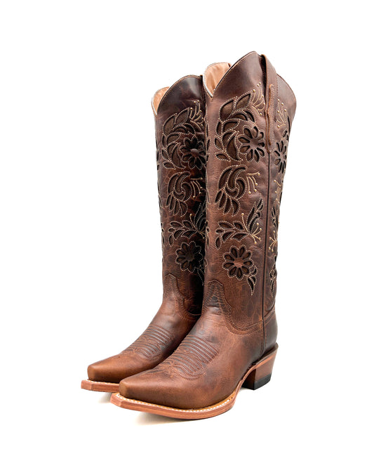Cowboy Boot Tall Floral Brown