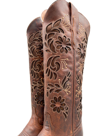Cowboy Boot Tall Floral Brown