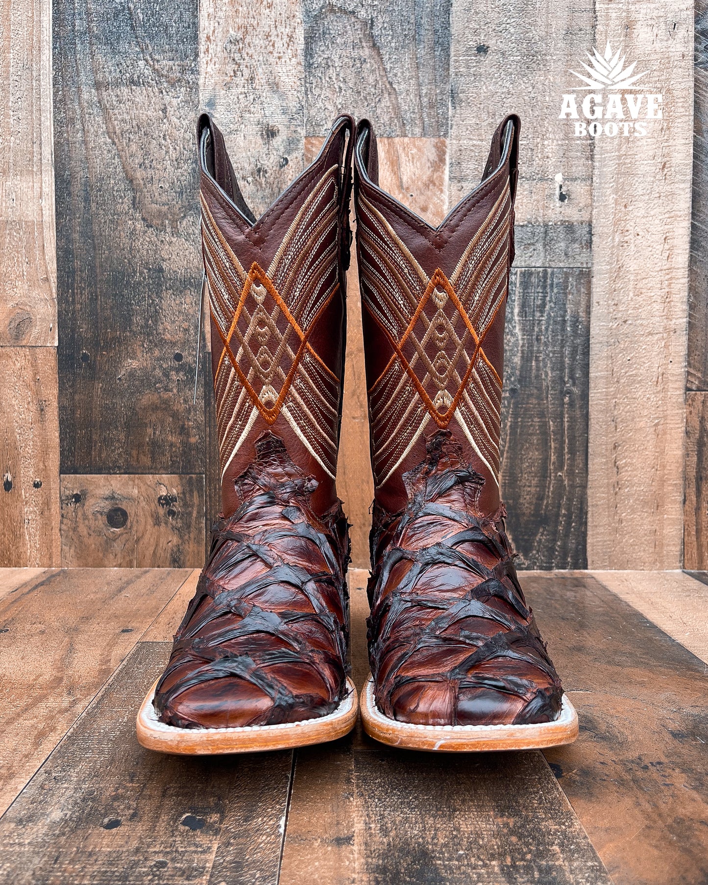 BROWN PIRARUCU FISH  BASS GENUINE EXOTIC | MEN SQUARE TOE COWBOY BOOTS