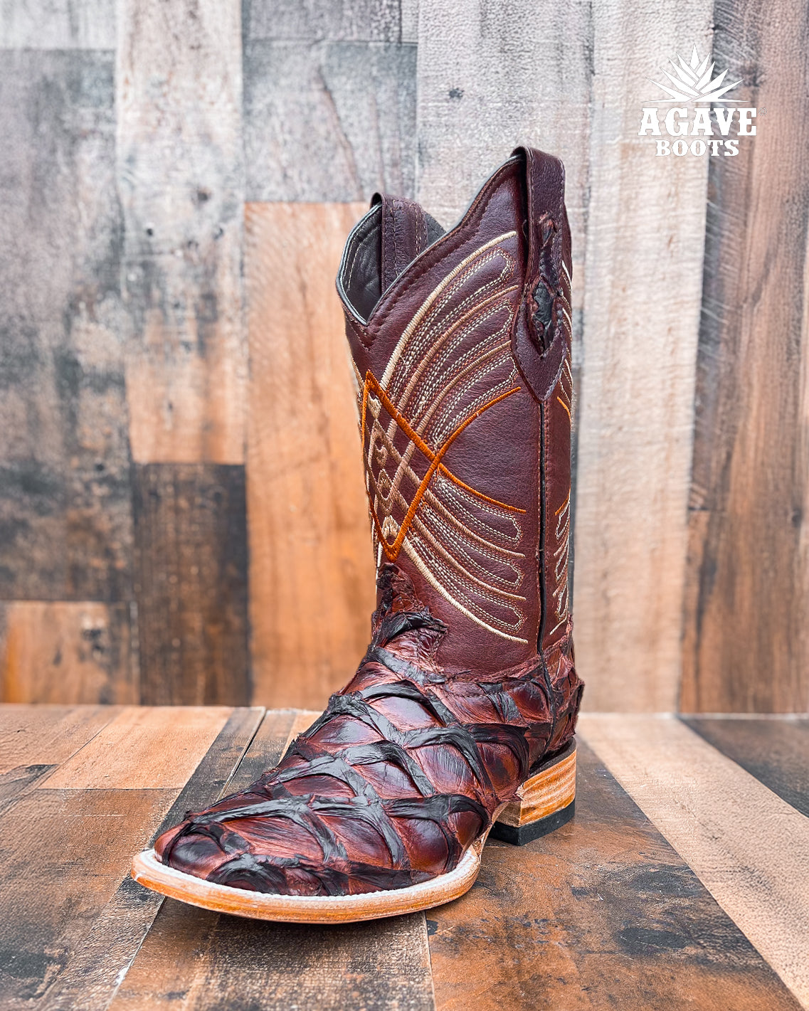 BROWN PIRARUCU FISH  BASS GENUINE EXOTIC | MEN SQUARE TOE COWBOY BOOTS