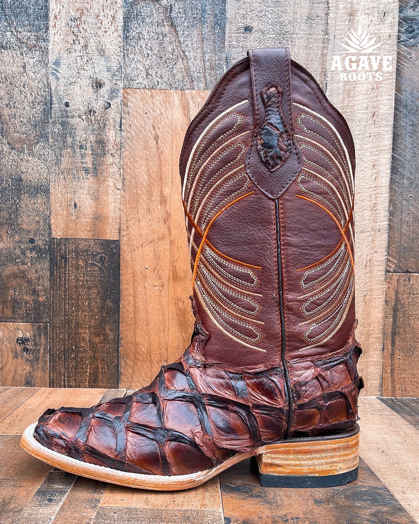 BROWN PIRARUCU FISH  BASS GENUINE EXOTIC | MEN SQUARE TOE COWBOY BOOTS