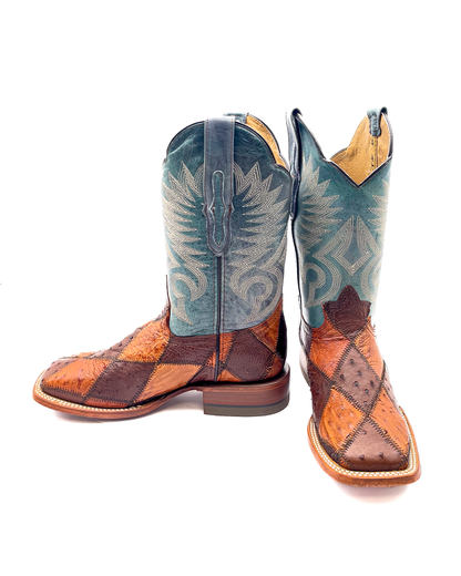 Cowboy Boot Ostrich Patchwork Blue