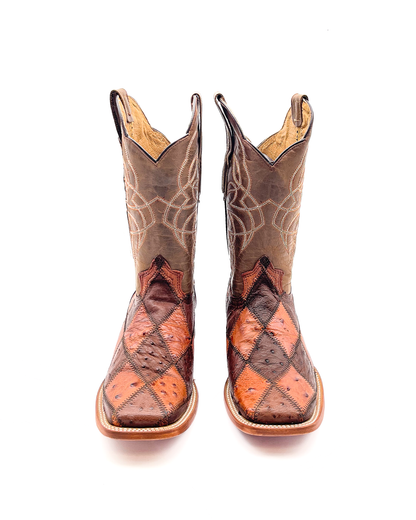 Cowboy Boot Ostrich Patchwork Brown