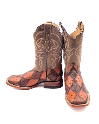 Cowboy Boot Ostrich Patchwork Brown