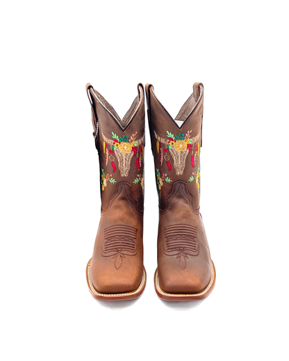 Cowboy Boot Skull Floral Embroidery