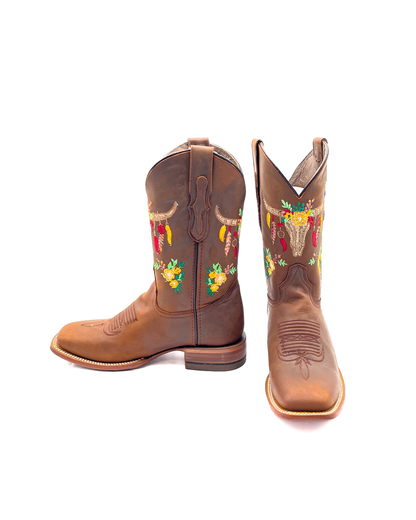 Cowboy Boot Skull Floral Embroidery
