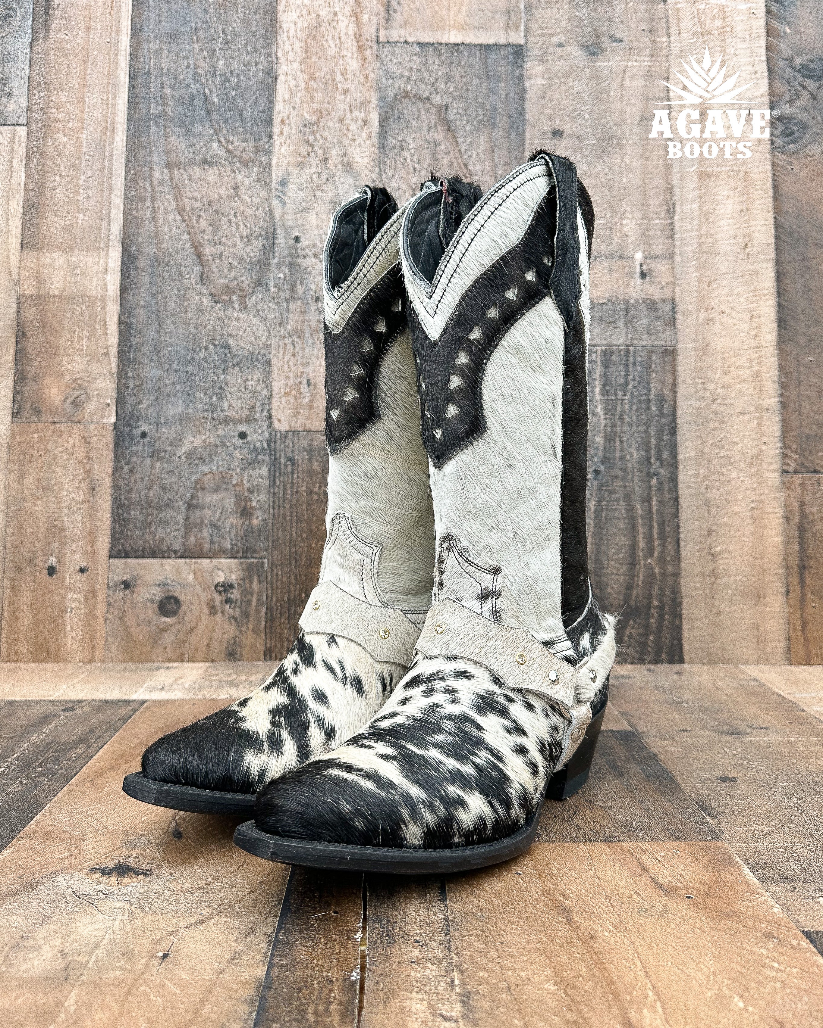 Black and white cowhide boots sale