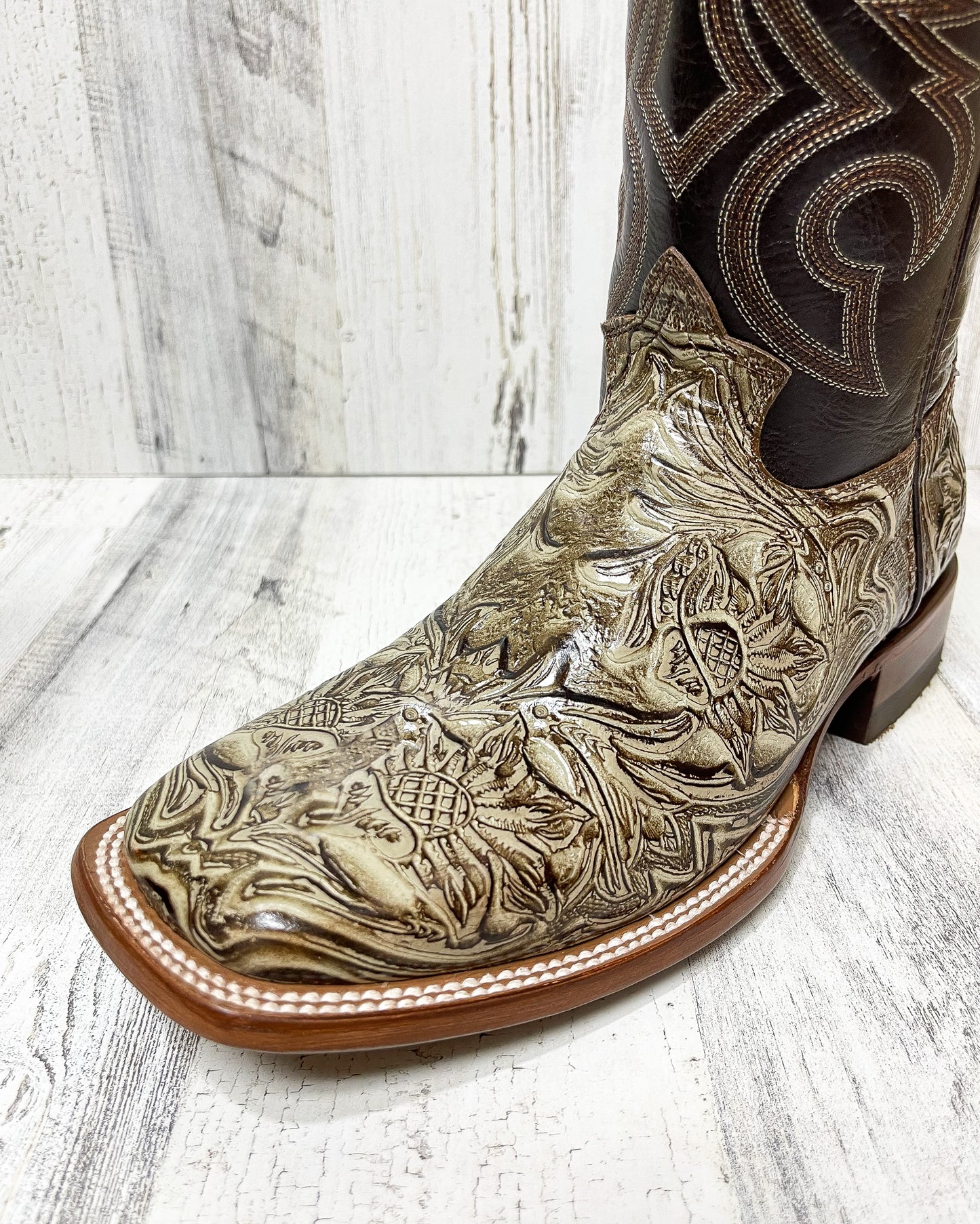 "COCOA" TOOLED LEATHER | MEN SQUARE TOE WESTERN COWBOY BOOTS