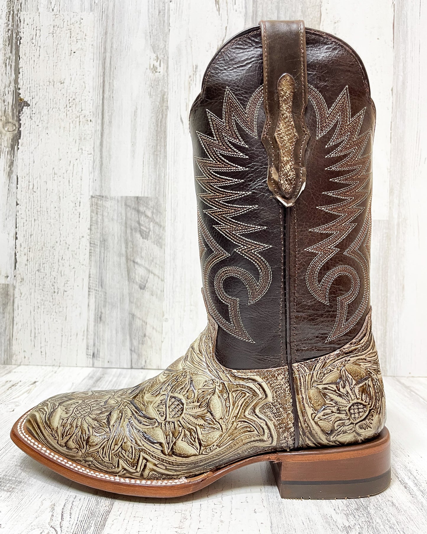 "COCOA" TOOLED LEATHER | MEN SQUARE TOE WESTERN COWBOY BOOTS