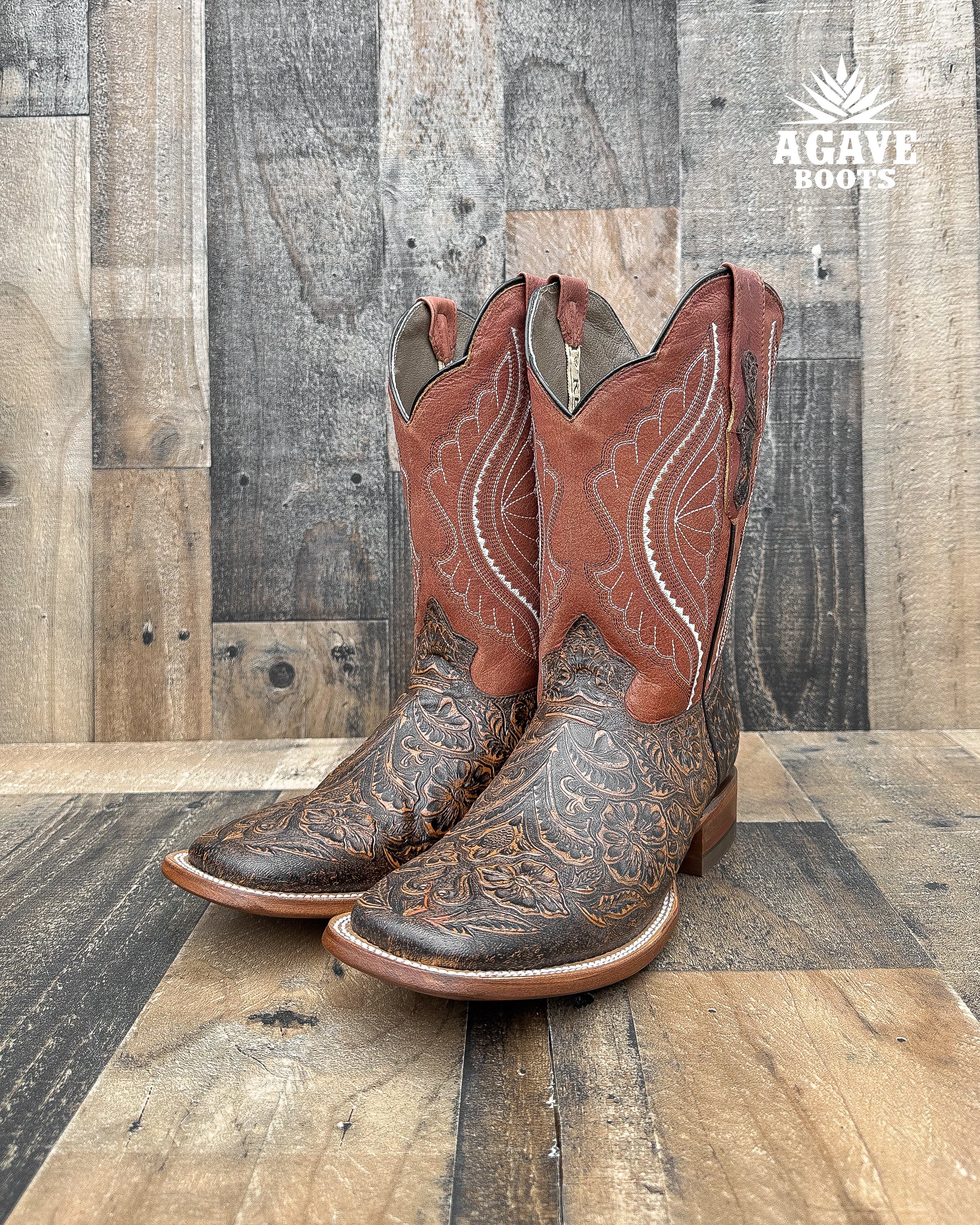 COGNAC TOOLED LEATHER MEN SQUARE TOE WESTERN COWBOY BOOTS Agave Boots