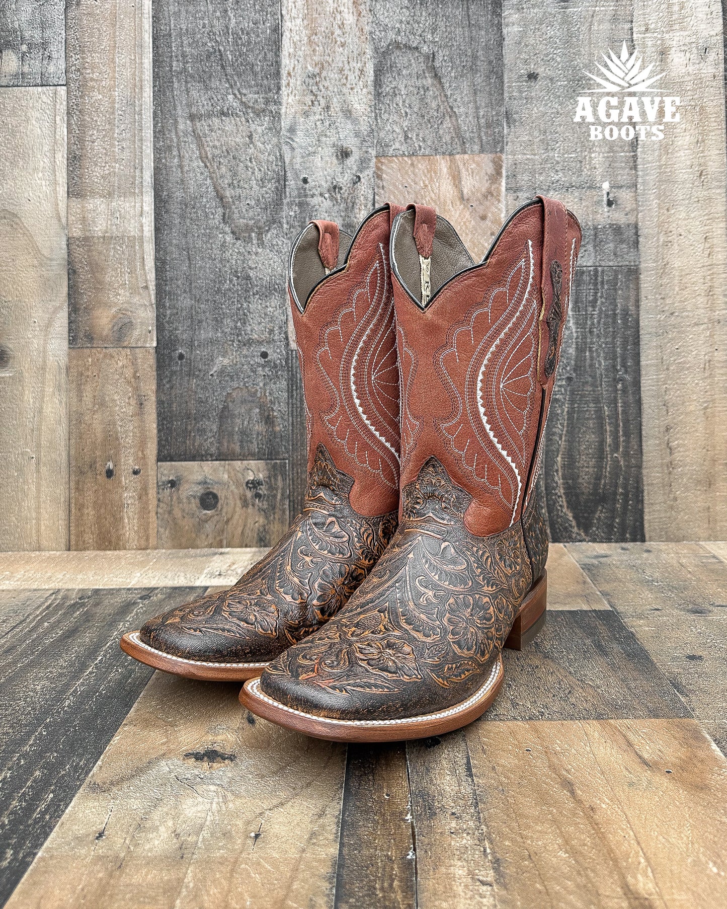 "COGNAC" TOOLED LEATHER | MEN SQUARE TOE WESTERN COWBOY BOOTS