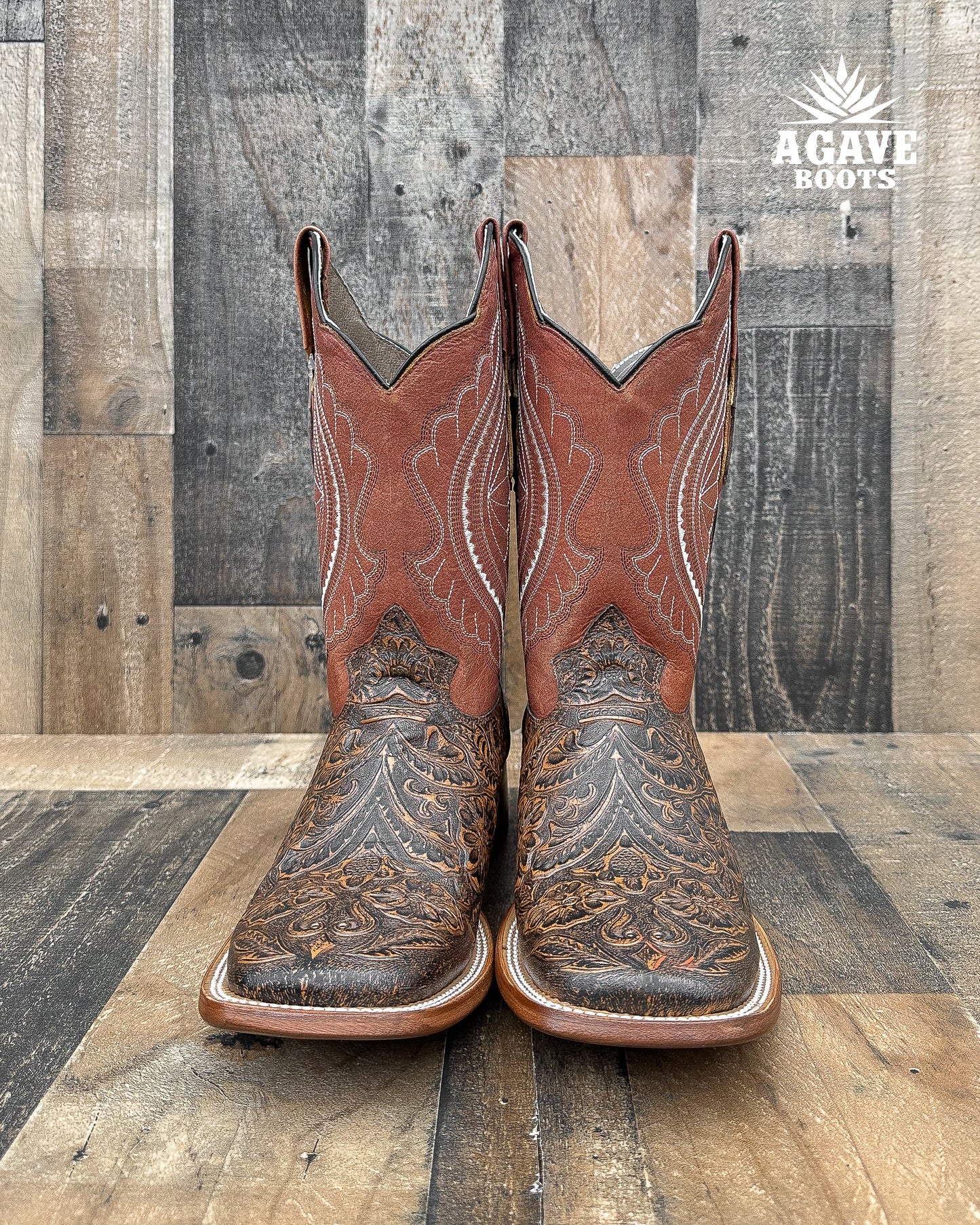 "COGNAC" TOOLED LEATHER | MEN SQUARE TOE WESTERN COWBOY BOOTS