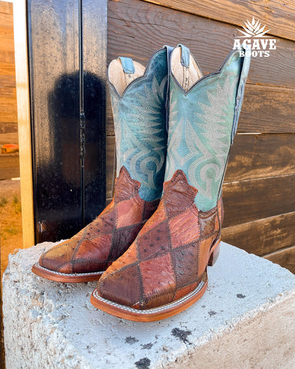 Cowboy Boot Ostrich Patchwork Blue
