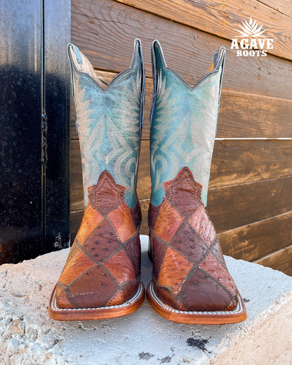 Cowboy Boot Ostrich Patchwork Blue