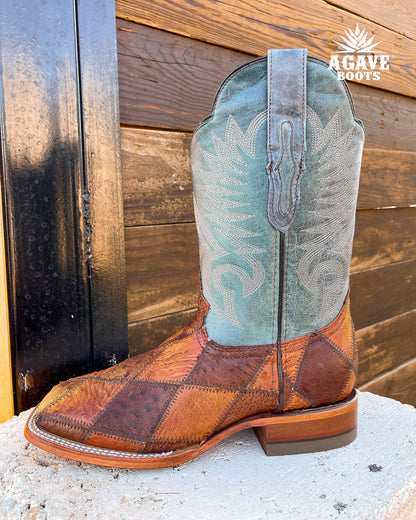 Cowboy Boot Ostrich Patchwork Blue