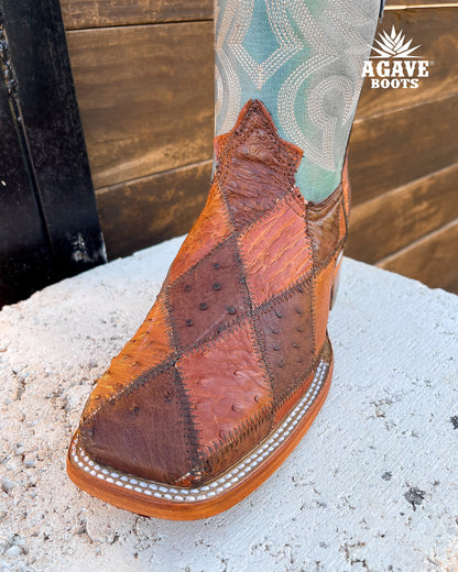 Cowboy Boot Ostrich Patchwork Blue