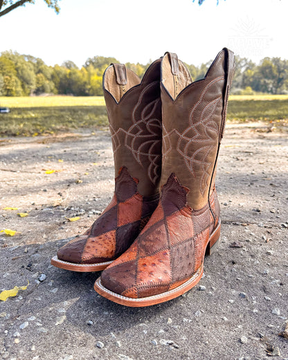 Cowboy Boot Ostrich Patchwork Brown