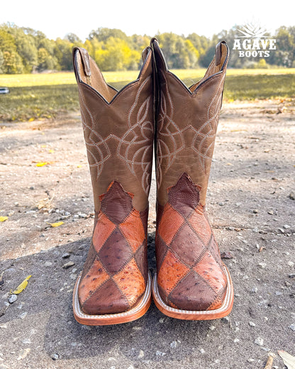 Cowboy Boot Ostrich Patchwork Brown