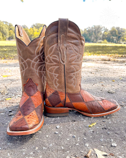 Cowboy Boot Ostrich Patchwork Brown