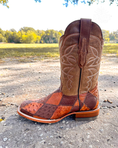 Cowboy Boot Ostrich Patchwork Brown